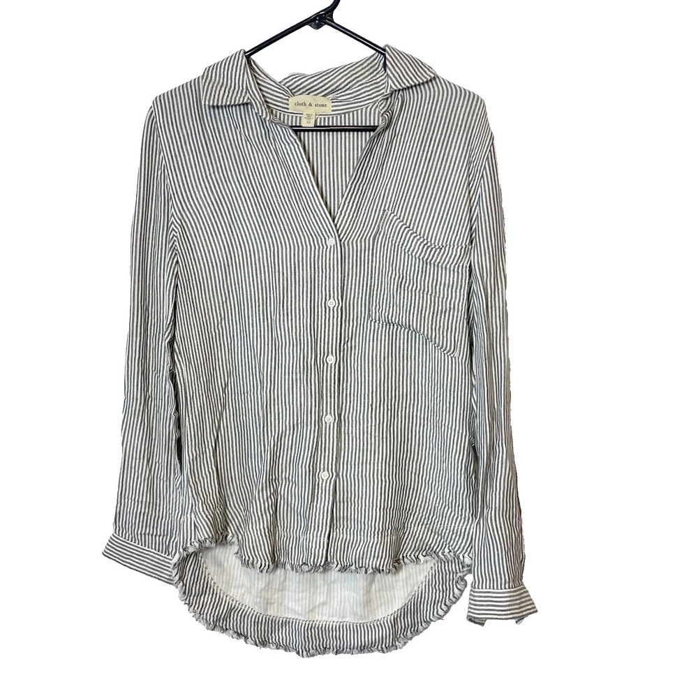 Cloth & Stone Striped Linen Blend Button Up Shirt Black White‎ XS Womens Fringe